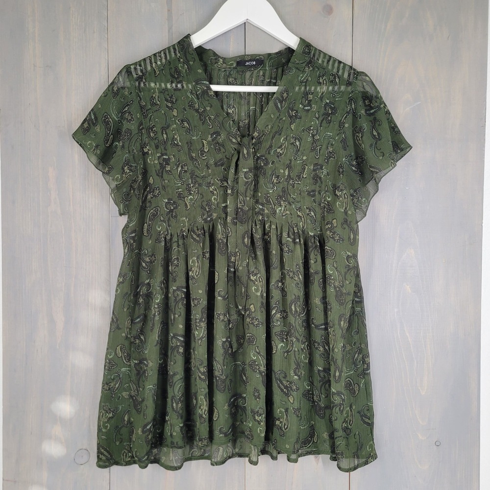Jacob Paisley Sheer Babydoll Blouse Women Medium Green Short Sleeve Pleated - Picture 1 of 8